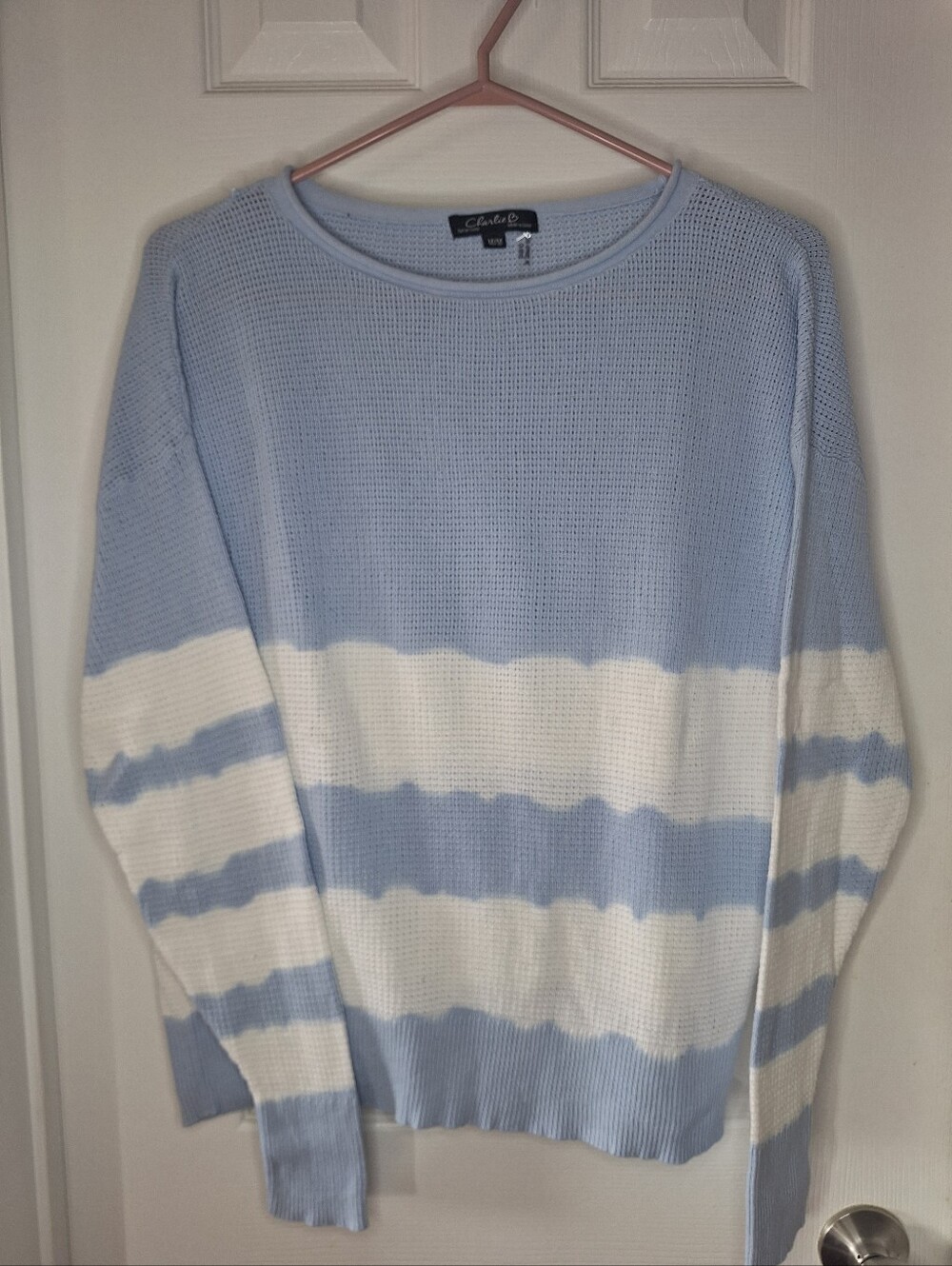 Charlie B Light Blue & White Striped Open Knit Sweater - Size M